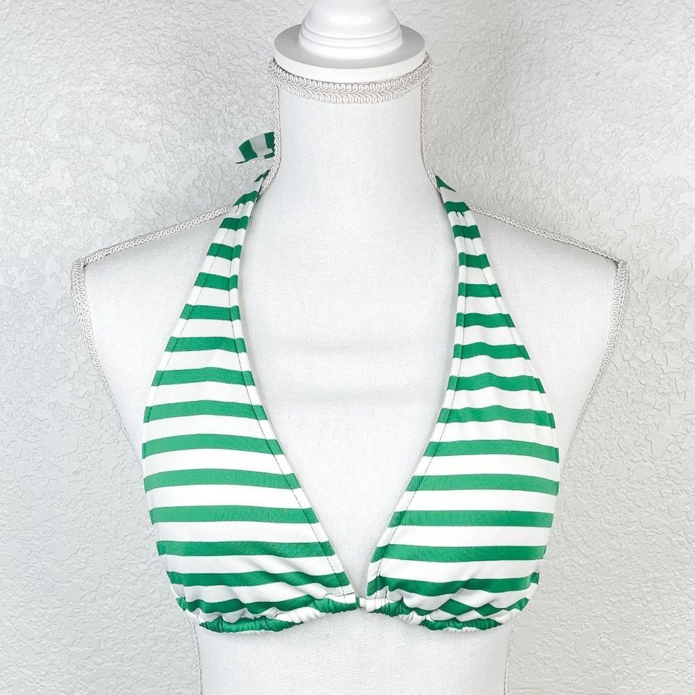 Green White Horizontal Striped Adjustable Halter Triangle Padded Bikini Top S